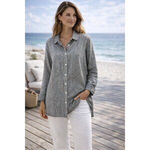VTG Mui Loco SZ 1X 100% Linen Top Gray Button Front USA Coastal Summer/Spring